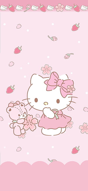 Hello Kitty and Bear in Pink Dress with Cherry Blossoms and Strawberries HD phone wallpaper