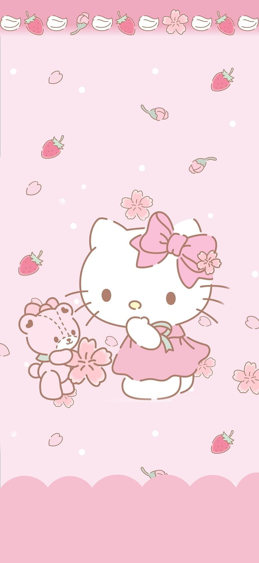Hello Kitty and Bear in Pink Dress with Cherry Blossoms and Strawberries HD phone wallpaper