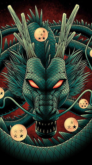 Dragon Ball Shenron Dragon Head with Star Orbs and Red Eyes HD phone wallpaper