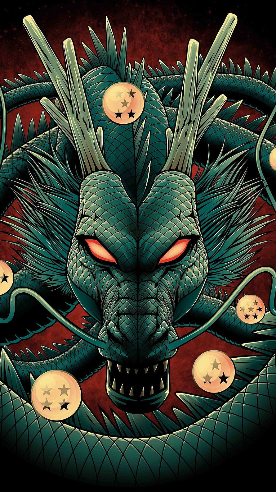 Dragon Ball Z Shenron Illustration with Four-Star Orbs and Red Eyes HD phone wallpaper