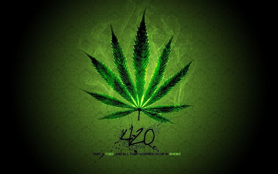 Glowing Cannabis Leaf with 420 Text on Dark Green Background HD wallpaper