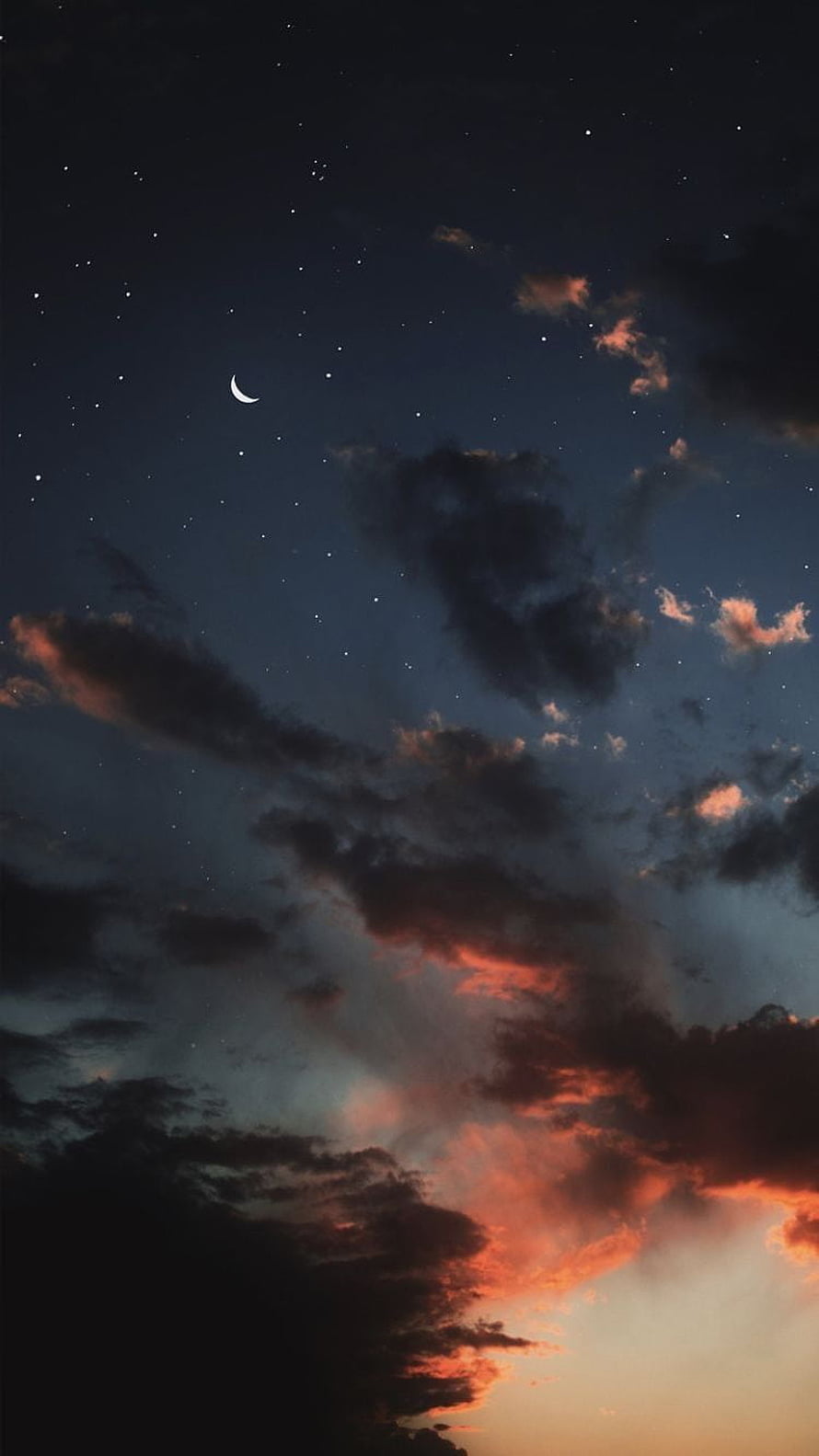 Crescent Moon and Stars Above Dramatic Sunset Clouds in a Dark Night Sky HD phone wallpaper