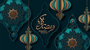 Elegant Ramadan Kareem Greeting with Intricate Islamic Mandala Patterns and Hanging Lanterns HD wallpaper