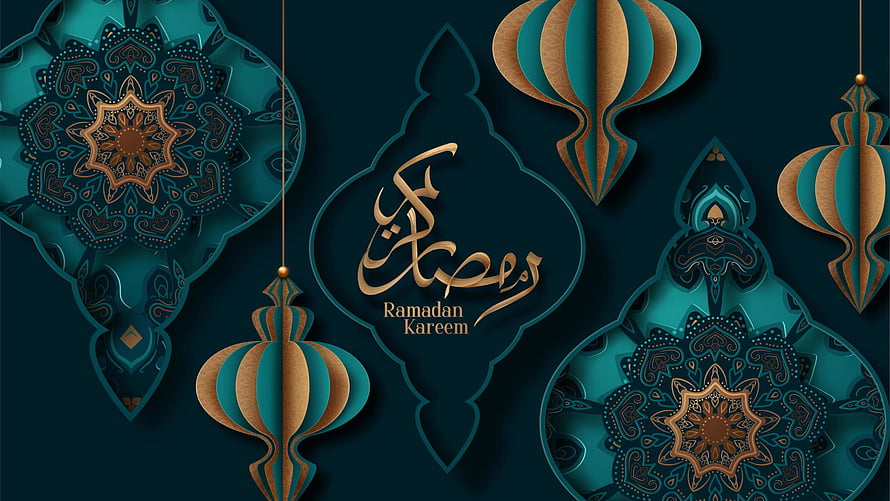 Elegant Ramadan Kareem Greeting with Intricate Islamic Mandala Patterns and Hanging Lanterns HD wallpaper