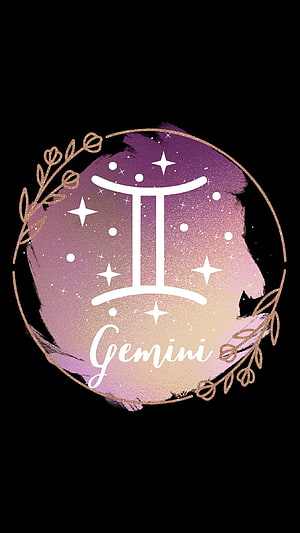 Elegant Gemini Zodiac Sign with Gold Botanical Frame and Watercolor Gradient HD phone wallpaper