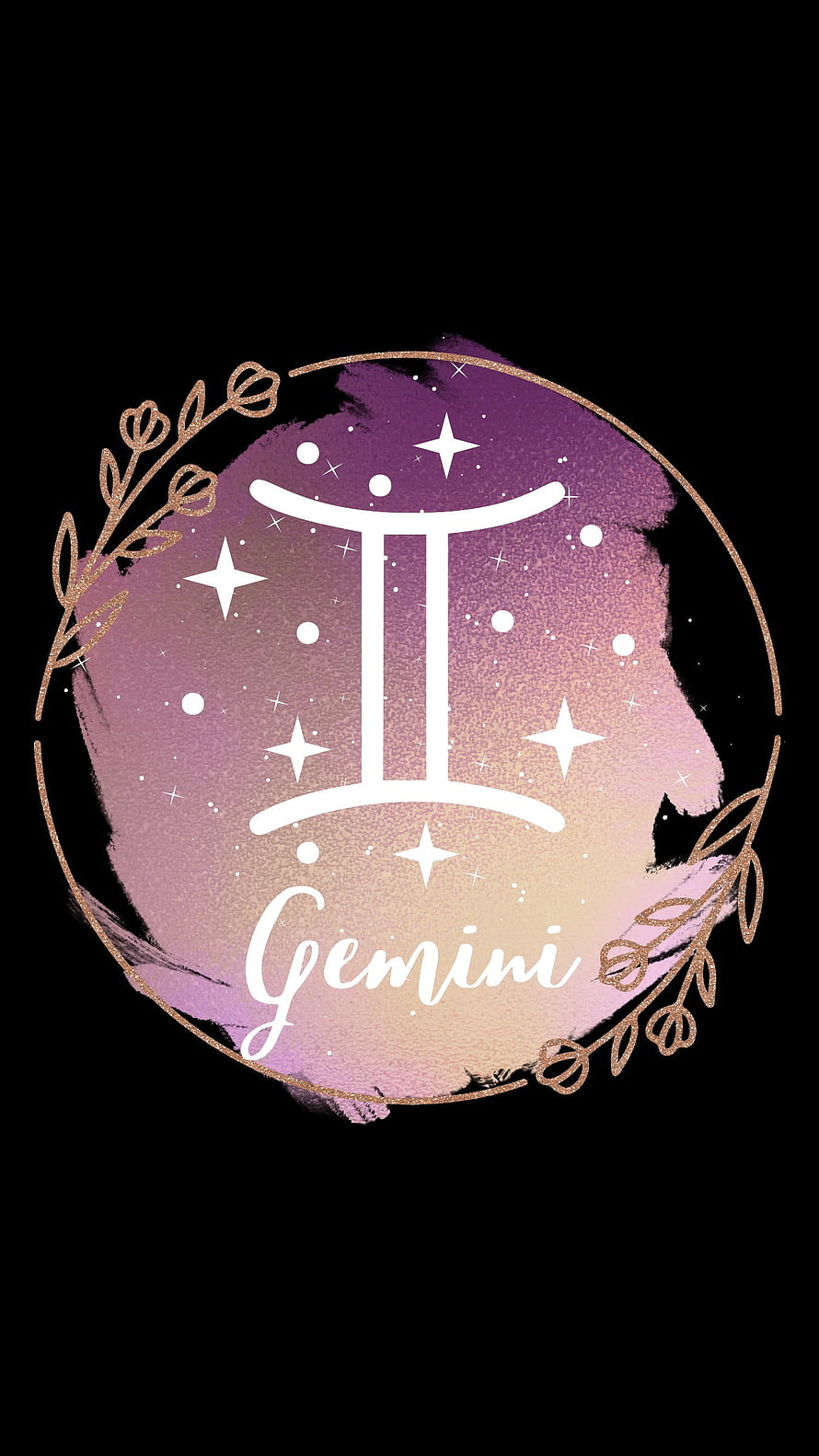 Elegant Gemini Zodiac Sign with Gold Botanical Frame and Watercolor Gradient HD phone wallpaper