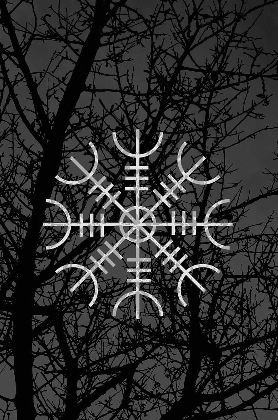 Norse Viking Rune Symbol Over Bare Winter Tree Branches HD phone wallpaper