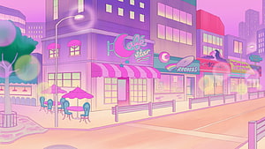 Pastel Anime City Street Scene with Cafe and Records Shop HD wallpaper