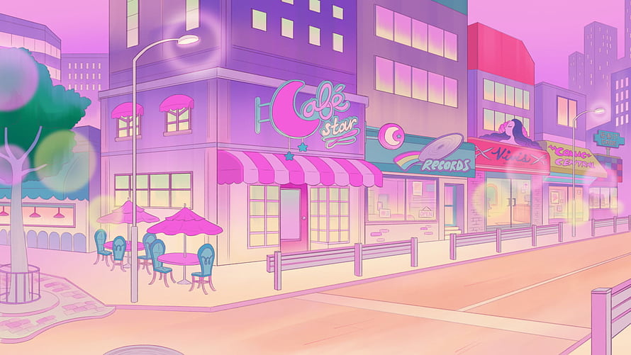 Pastel Anime City Street Scene with Cafe and Records Shop HD wallpaper