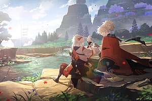 Kazuha and Traveler Sharing a Peaceful Moment by a Stream in Genshin Impact HD wallpaper
