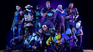 Valorant Agent Roster Group Portrait with Neon Blue and Purple Lighting HD wallpaper