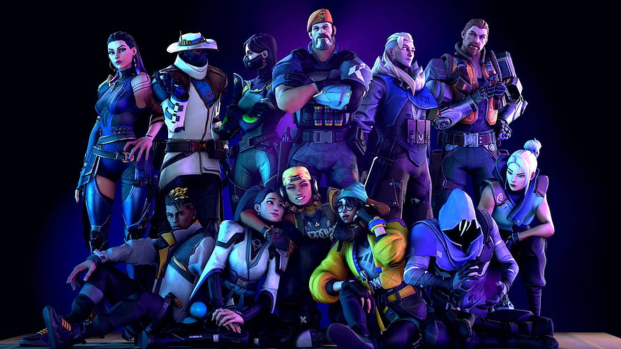 Valorant Agent Roster Group Portrait with Neon Blue and Purple Lighting HD wallpaper