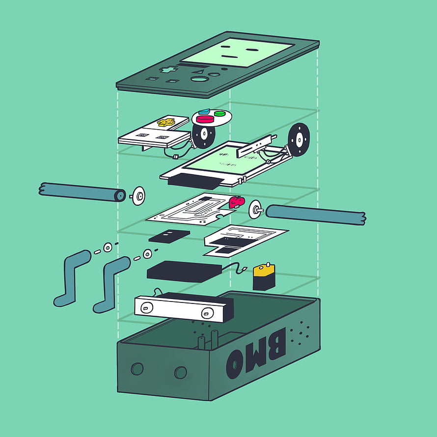 Adventure Time BMO Exploded View Illustration with Internal Circuitry and Components HD phone wallpaper