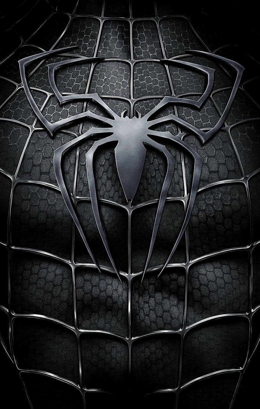Black Spider-Man Suit with Metallic Web Pattern and Chrome Spider Emblem HD phone wallpaper