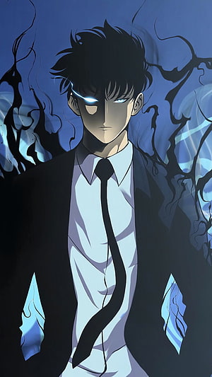 Sung Jin-Woo in a dark suit with glowing blue eyes and shadow tendrils in a moody manhwa illustration HD phone wallpaper