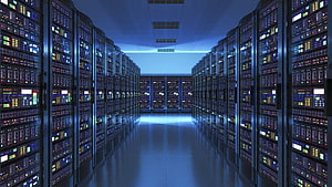 Blue-lit data center aisle with rows of server racks and glowing indicator lights HD wallpaper