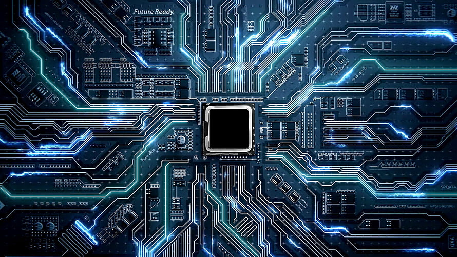 Glowing Blue Circuit Board with Central Processor Chip and Digital Traces HD wallpaper