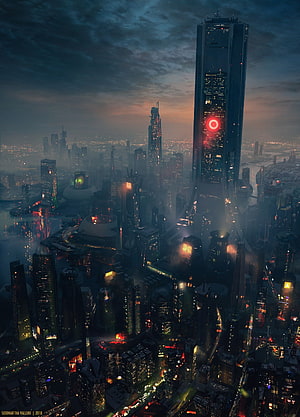 Cyberpunk Metropolis at Dusk with Towering Surveillance Spire and Neon City Lights HD phone wallpaper
