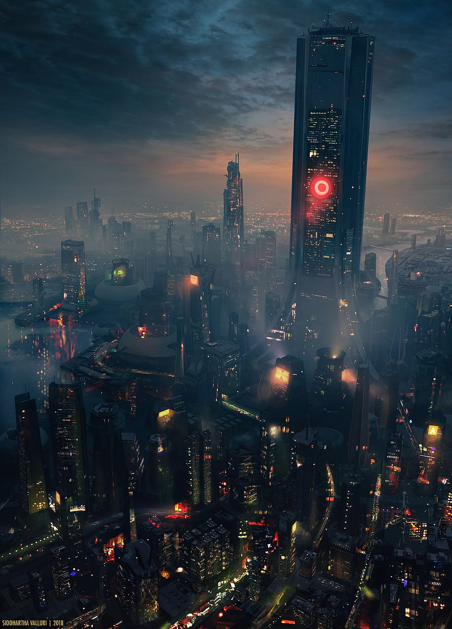 Cyberpunk Metropolis at Dusk with Towering Surveillance Spire and Neon City Lights HD phone wallpaper