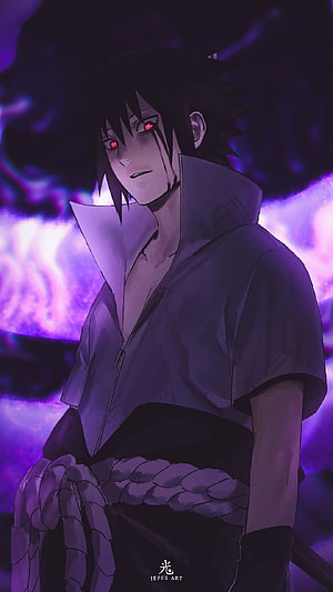 Sasuke Uchiha with Sharingan Eyes in Purple Atmosphere Anime Illustration HD phone wallpaper