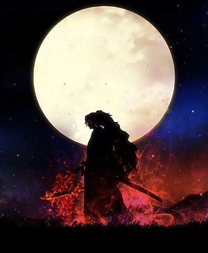 Yoriichi Tsugikuni Silhouette Standing Before a Massive Full Moon with Fiery Embers HD phone wallpaper