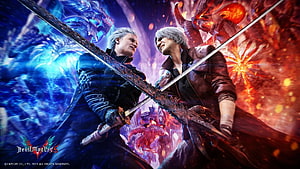 Dante and Vergil Clashing Swords in Devil May Cry 5 Cinematic Key Art HD wallpaper