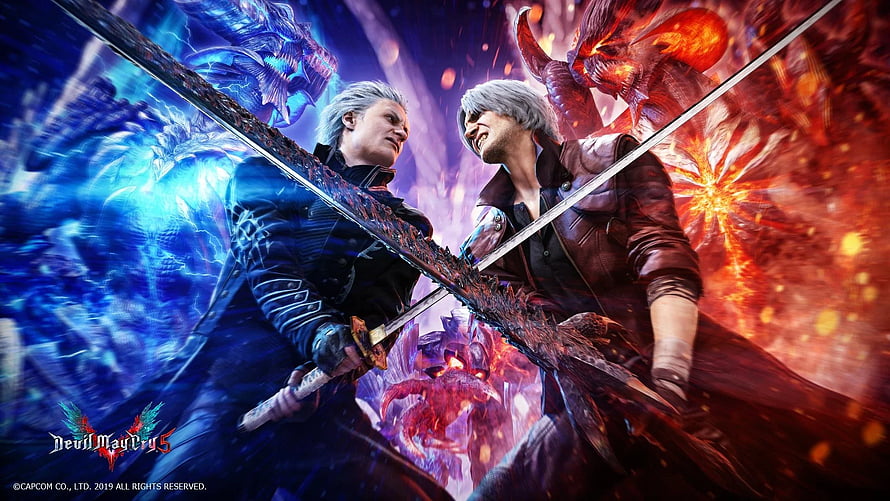 Dante and Vergil Clashing Swords in Devil May Cry 5 Cinematic Key Art HD wallpaper