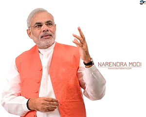 Narendra Modi in Orange Vest and White Kurta with Hand Gesture HD wallpaper