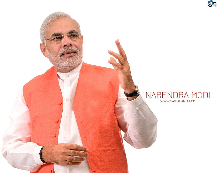 Narendra Modi in Orange Vest and White Kurta with Hand Gesture HD wallpaper