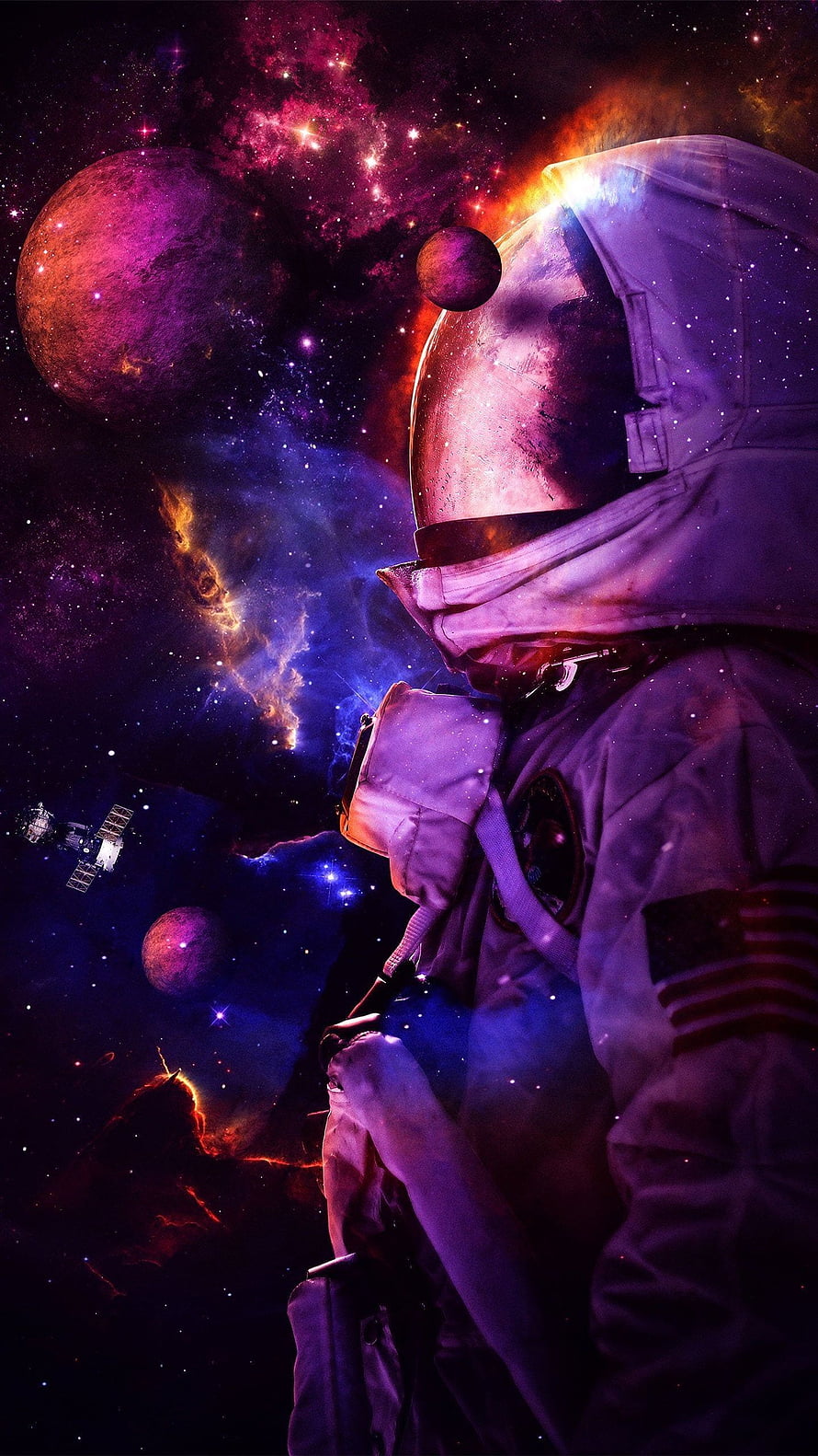 Astronaut in Deep Space with Vibrant Nebulae and Distant Planets HD phone wallpaper