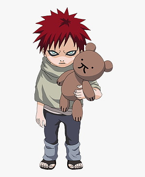 Chibi Gaara from Naruto Holding a Brown Teddy Bear in Anime Style HD phone wallpaper