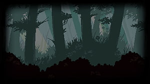 Dark Pixel Art Forest Scene with Tall Trees and Misty Atmosphere HD wallpaper