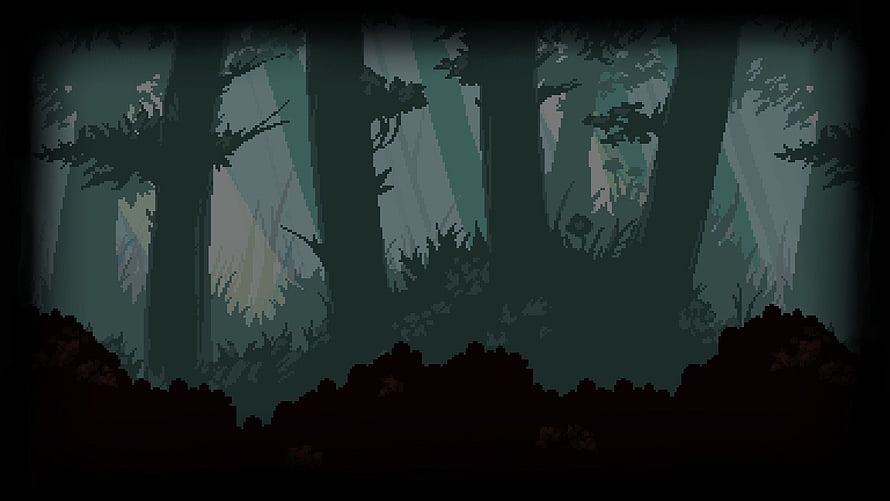 Dark Pixel Art Forest Scene with Tall Trees and Misty Atmosphere HD wallpaper