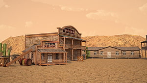 3D Rendered Old West Town With Cowboy Saloon And Western Bar In Desert Canyon HD wallpaper