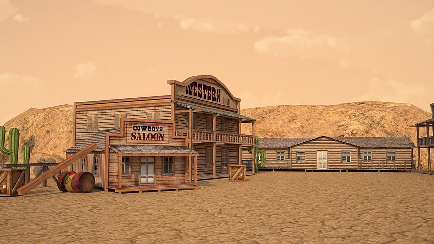 3D Rendered Old West Town With Cowboy Saloon And Western Bar In Desert Canyon HD wallpaper