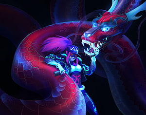 Akali from League of Legends Leaning Against a Neon Red Dragon in Vibrant Digital Art HD wallpaper