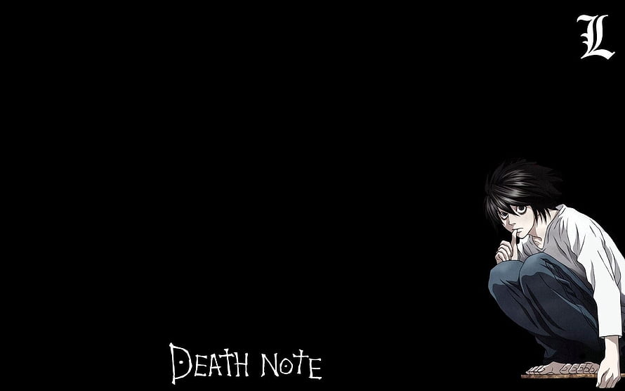 L Crouching Silhouette on Black Background from Death Note Anime HD wallpaper