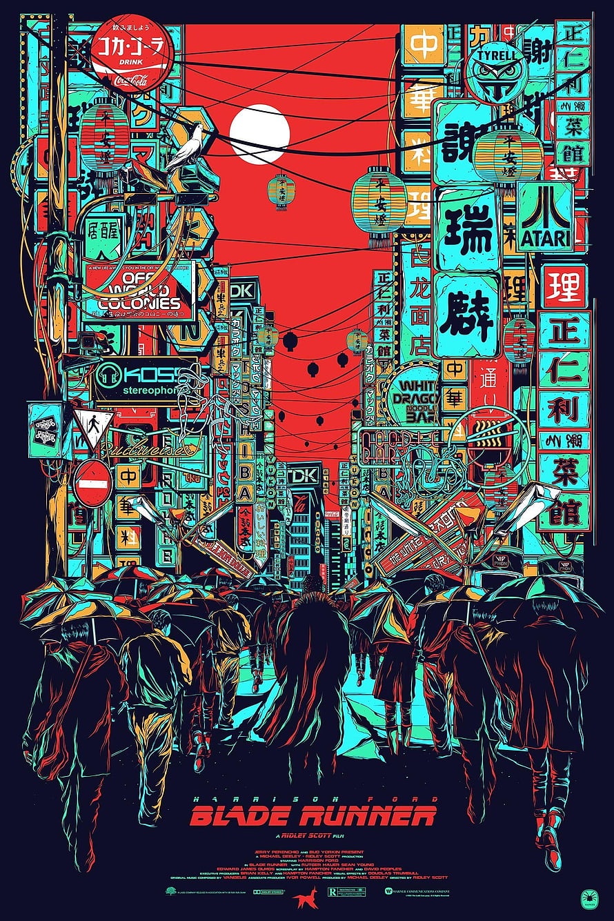 Blade Runner 1982 Movie Poster Artwork Featuring Neon Dystopian Cityscape and Crowds HD phone wallpaper