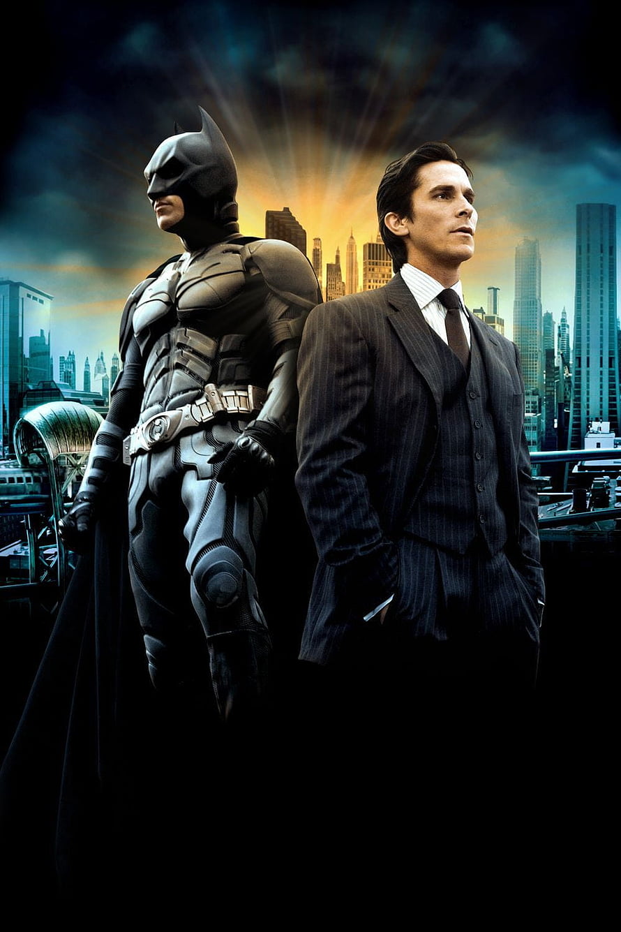 Christian Bale as Batman and Bruce Wayne Standing Back to Back in Gotham City HD phone wallpaper