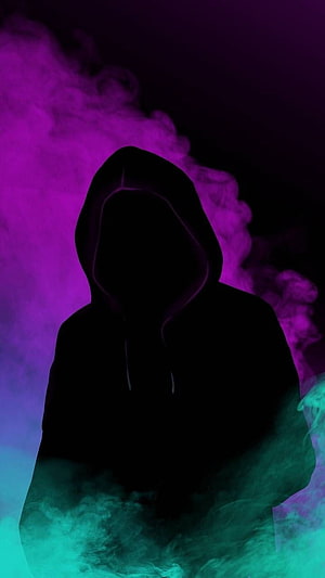 Mysterious Hooded Figure Silhouette in Neon Purple and Teal Smoke HD phone wallpaper