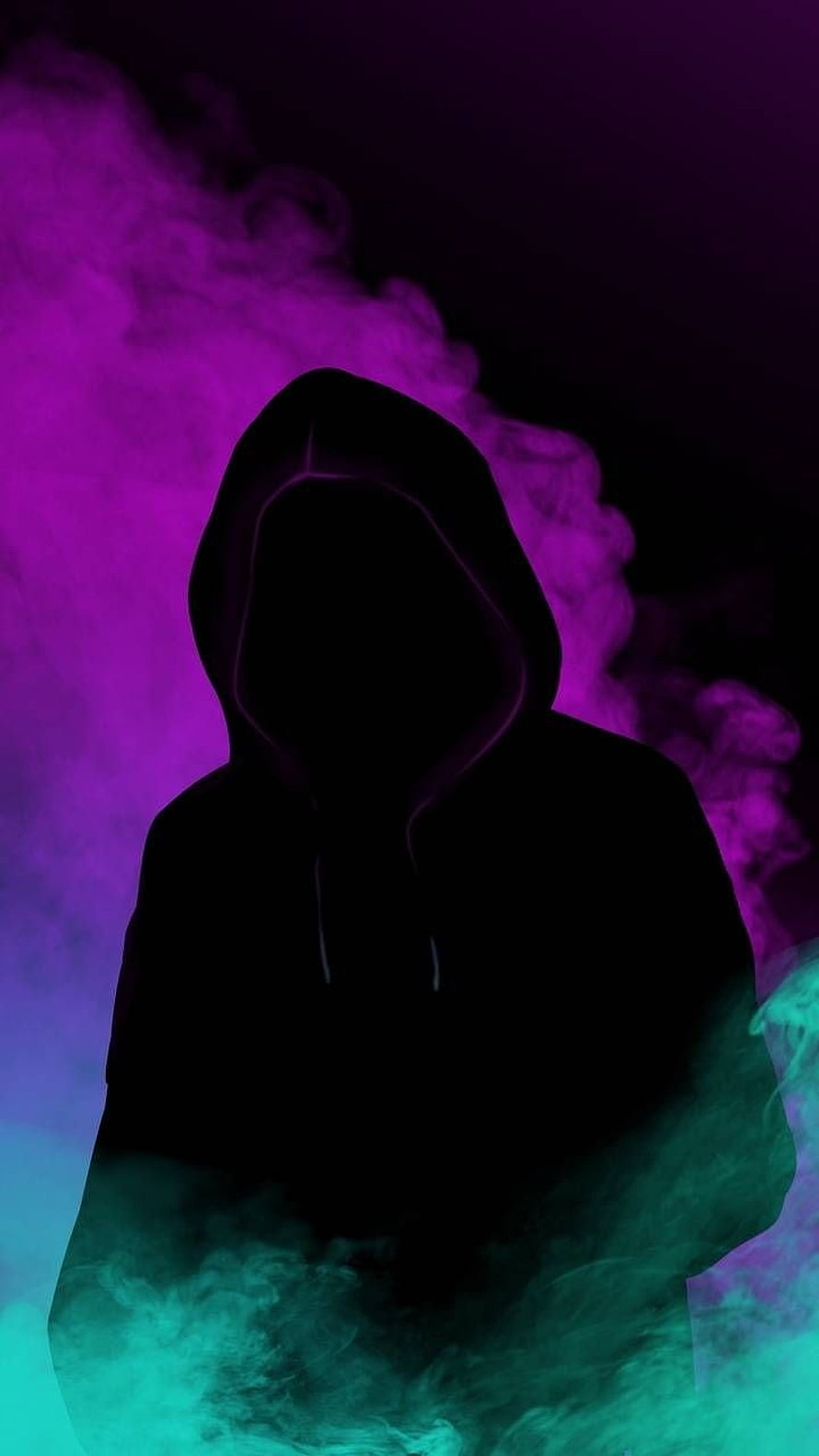 Mysterious Hooded Figure Silhouette in Neon Purple and Teal Smoke HD phone wallpaper