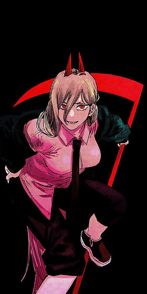 Power from Chainsaw Man in a pink shirt and tie with red horns and a scythe HD phone wallpaper