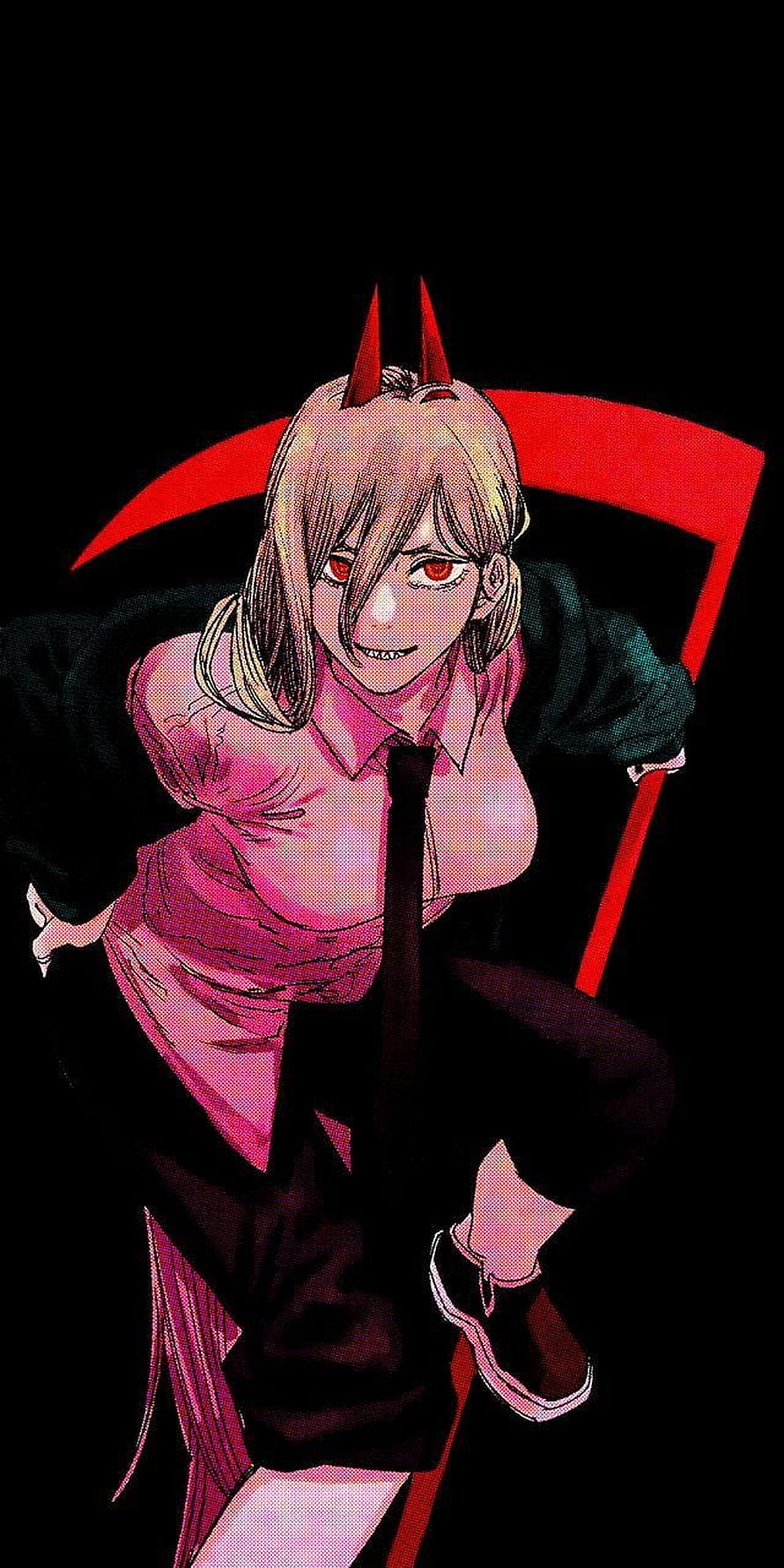 Power from Chainsaw Man in a pink shirt and tie with red horns and a scythe HD phone wallpaper