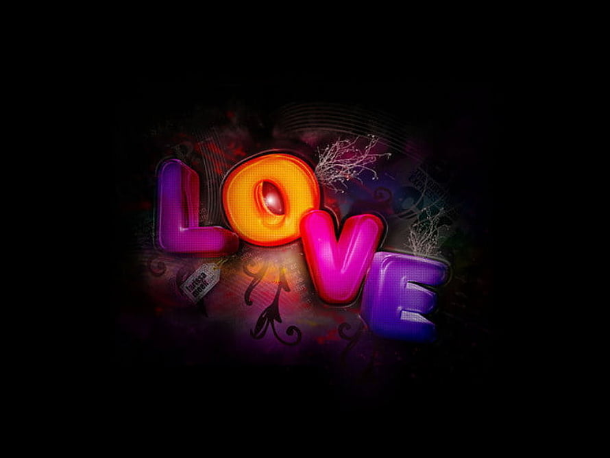 Glossy 3D Love Typography with Neon Glow and Dark Grunge Background HD wallpaper