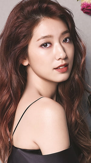 Park Shin Hye Portrait With Wavy Auburn Hair And Black Spaghetti Strap Top HD phone wallpaper