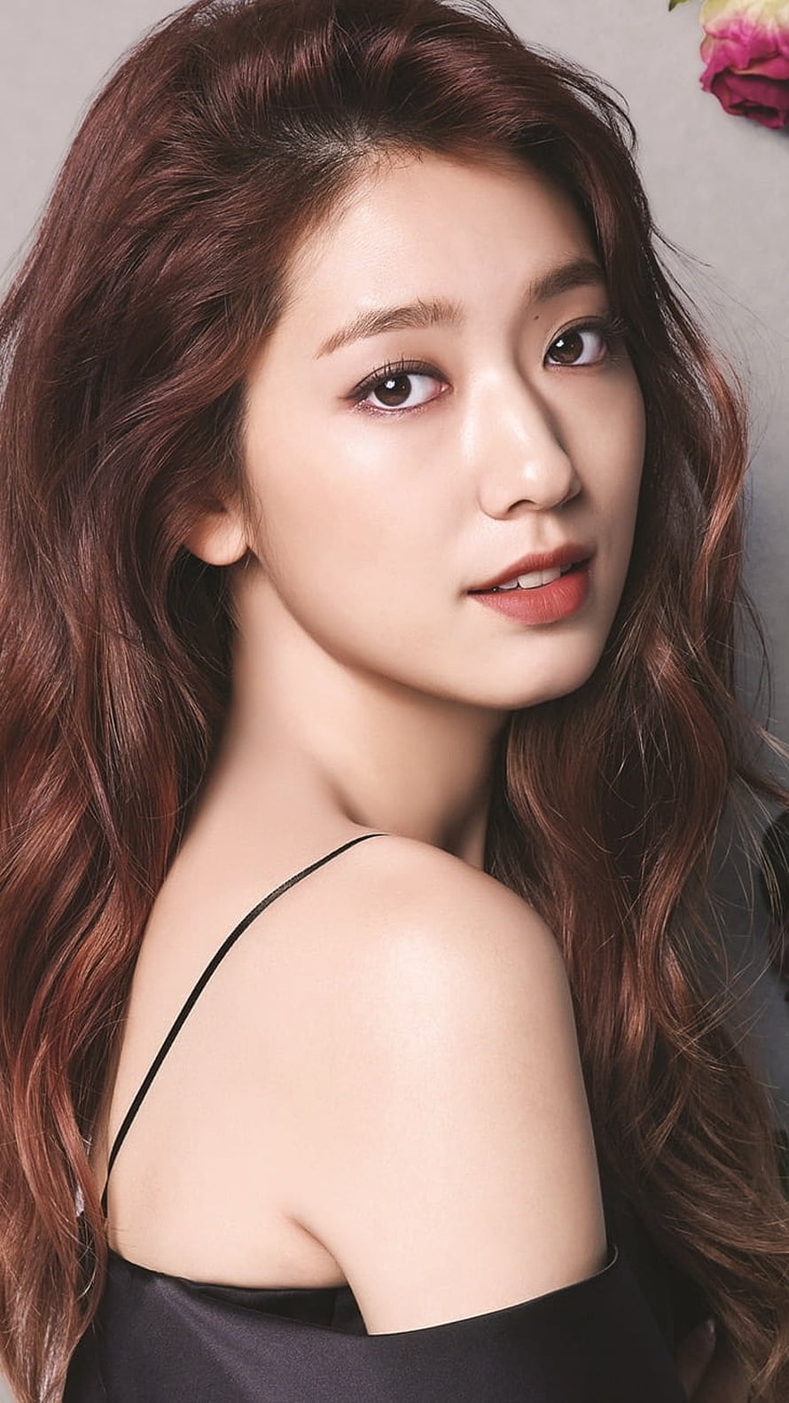 Park Shin Hye Portrait With Wavy Auburn Hair And Black Spaghetti Strap Top HD phone wallpaper
