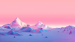 Low Poly Mountain Landscape with Pastel Pink Sky and Geometric Terrain HD wallpaper