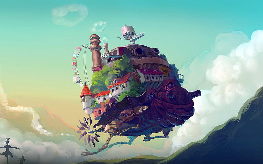 Whimsical Floating Steampunk Airship Village in Pastel Sky Fantasy Illustration HD wallpaper