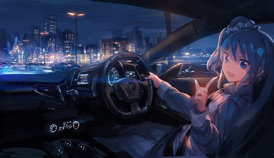 Anime Girl Driving a Car Through a Neon-Lit City at Night HD wallpaper