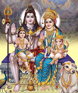 Lord Shiva and Goddess Parvati with Ganesha and Kartikeya in a Divine Family Portrait HD phone wallpaper